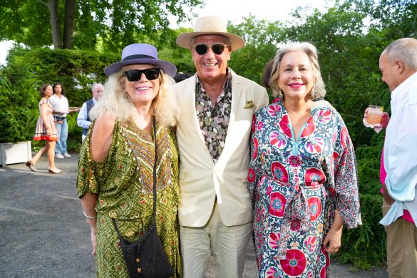 EAST HAMPTON, NY - JULY 22: Karen Monroe, Peter Olsen and Madeline Weinraub attend LongHouse Reserve MIDSUMMER DREAM 2023 Benefit at LongHouse Reserve on July 22, 2023 in East Hampton, NY. (Photo by Sean Zanni/PMC/PMC) *** Local Caption *** Karen Monroe;Peter Olsen;Madeline Weinraub